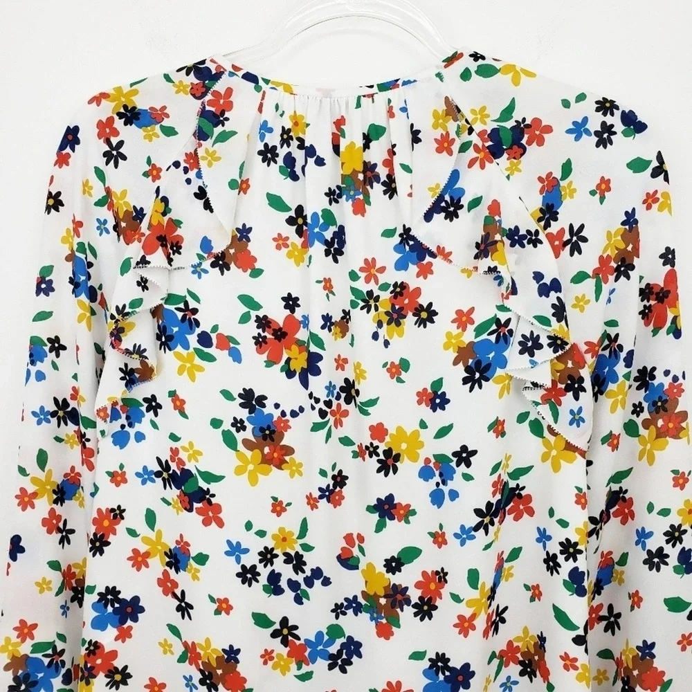 Kate Spade Ivory Sailing‎ Floral Ruffle Blouse Top White Floral Print